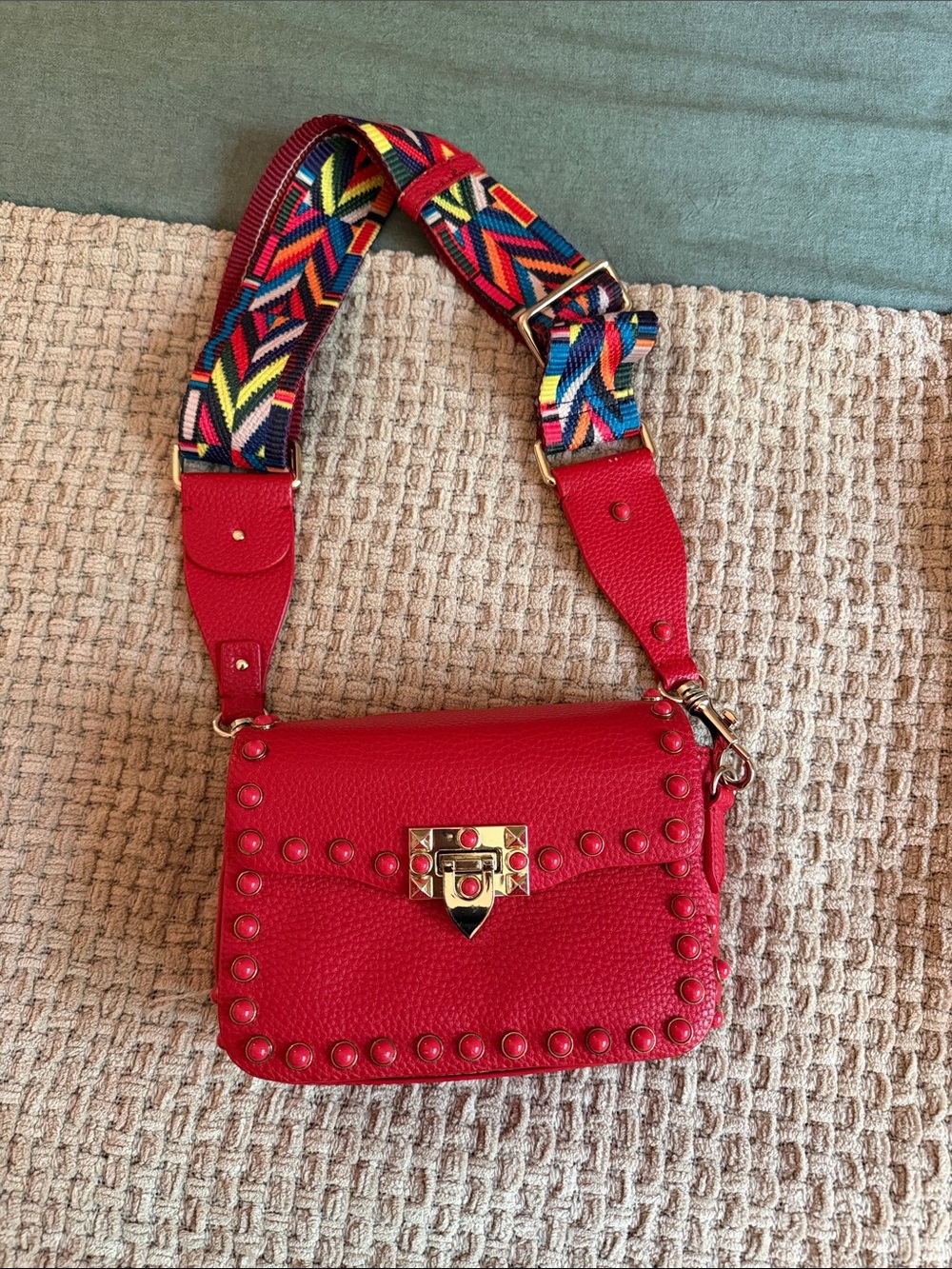 Red Studded  Bag with adjustable strap